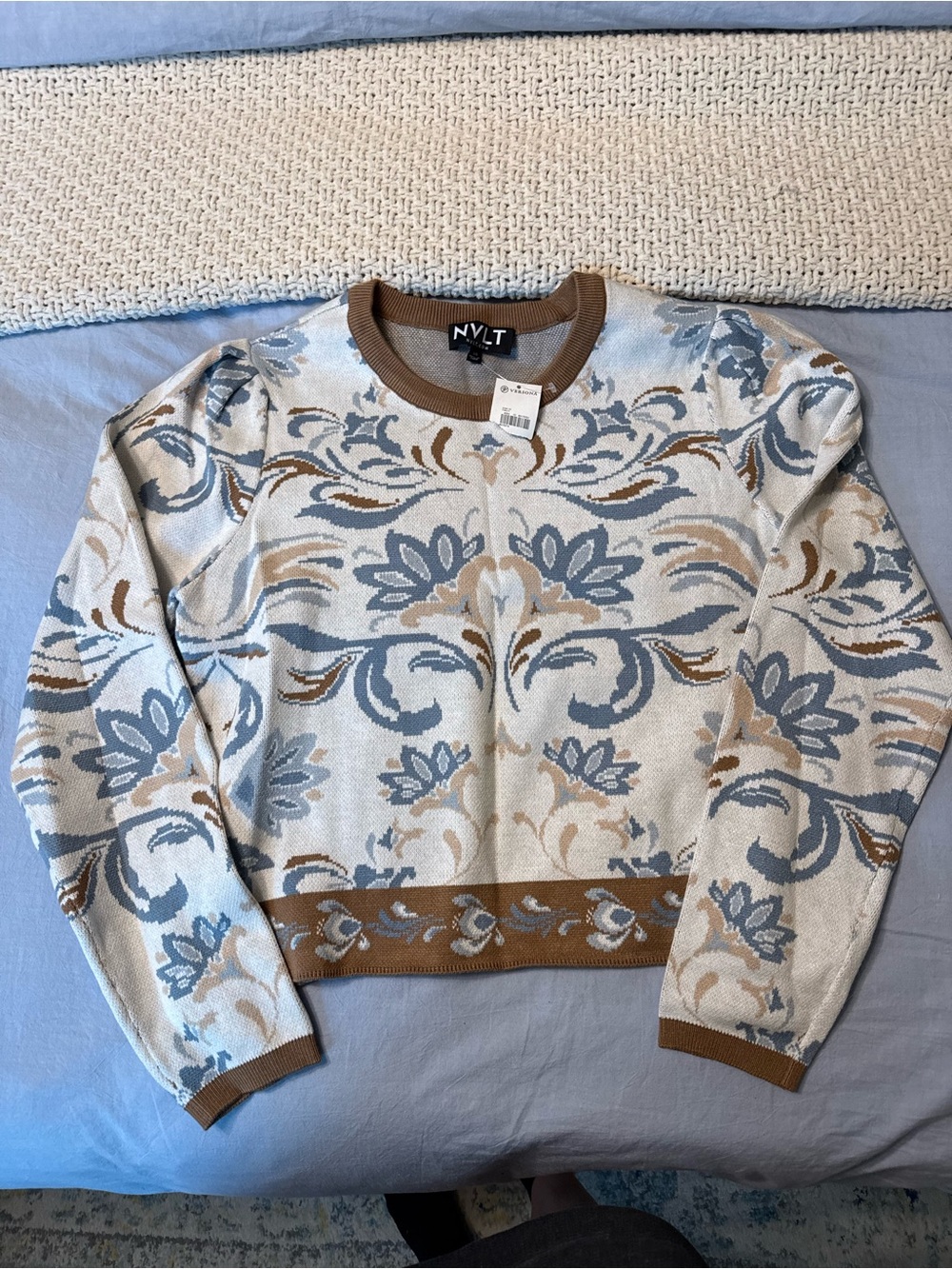 NVLT Cream, Blue & Brown Floral Jacquard Crewneck Sweater